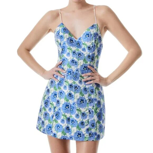 Alice + Olivia Tayla Lantern Perfect Pansy Mini Dress Blue Floral Brocade 0 - Picture 1 of 14